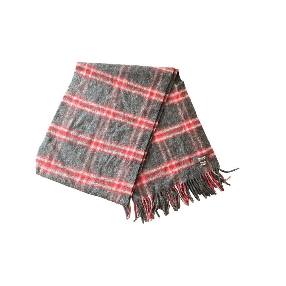 Nordstrom Black Gray Burgundy Plaid Lambswool Scarf Muffler Fringe Trim‎